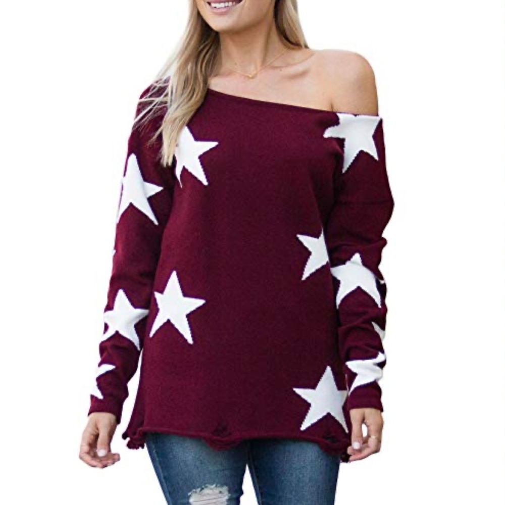 Amaryllis Burgundy Red Oversized Sweater with White Stars